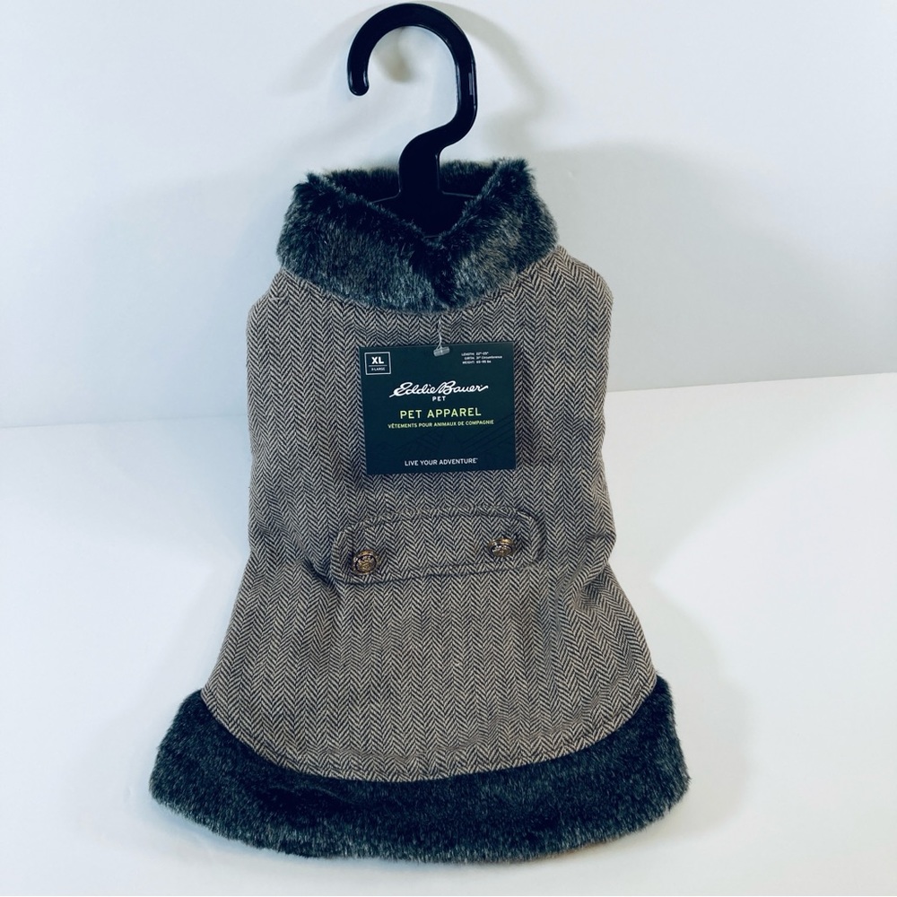 Eddie Bauer Dog Coat Jacket Size M Faux Fur Herringbone Fleece Lined 24” Girth